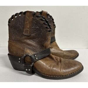 Italian Brown Leather Studded Harness‎ strap Western Ankle Boots Women 8